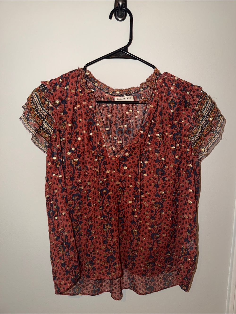 Ulla Johnson Rust Floral V-Neck Blouse with Navy & Cream Accents